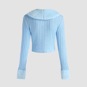 Cider Light Blue Cable Knit Faux Fur Trim Cardigan